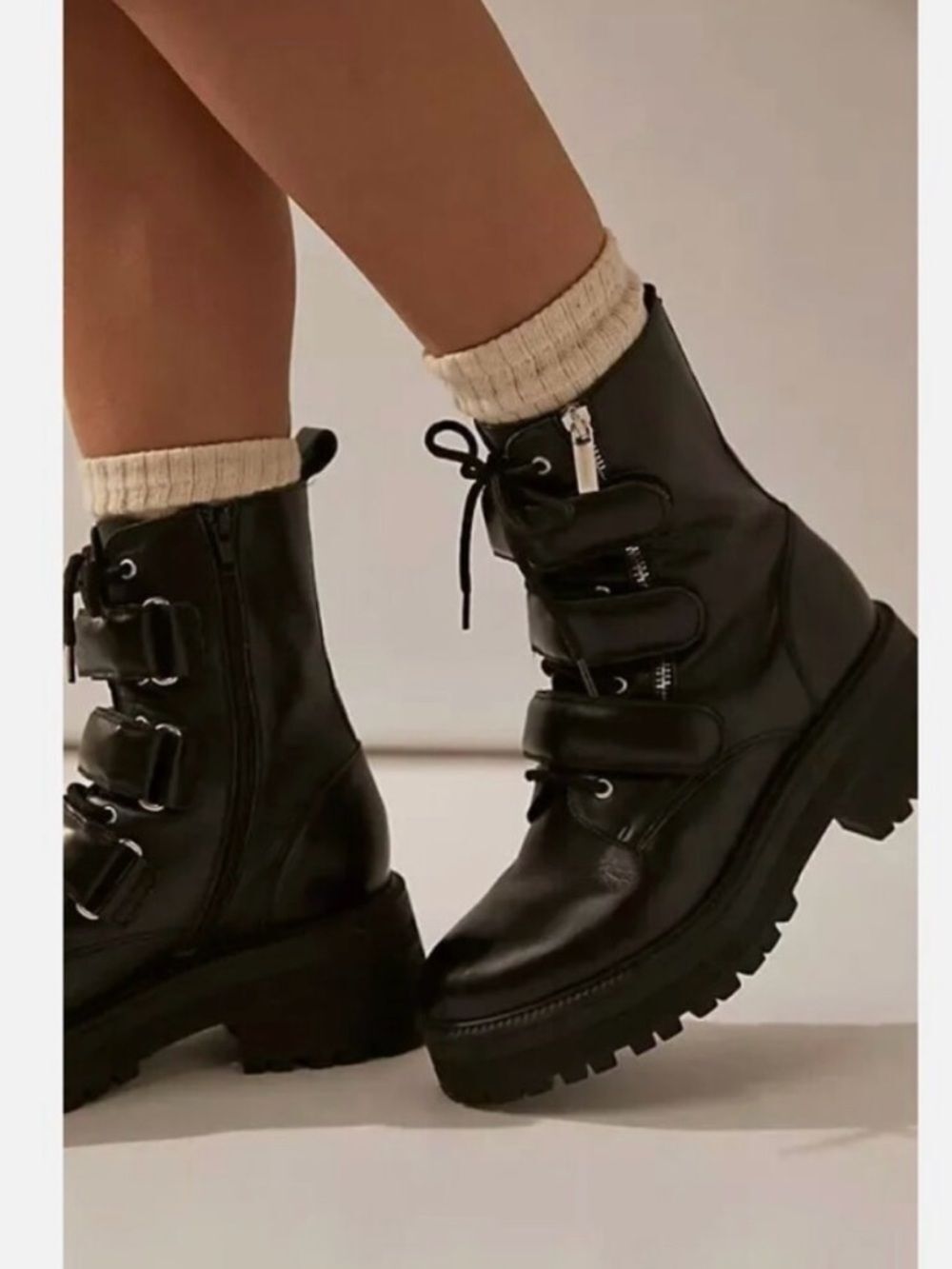 Free People Black Emmett Lace-Up Strap Leather Lug Boots Size 7.5 Motorcycle